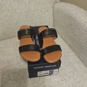 Andre Assous Black and Tan Slide Sandals